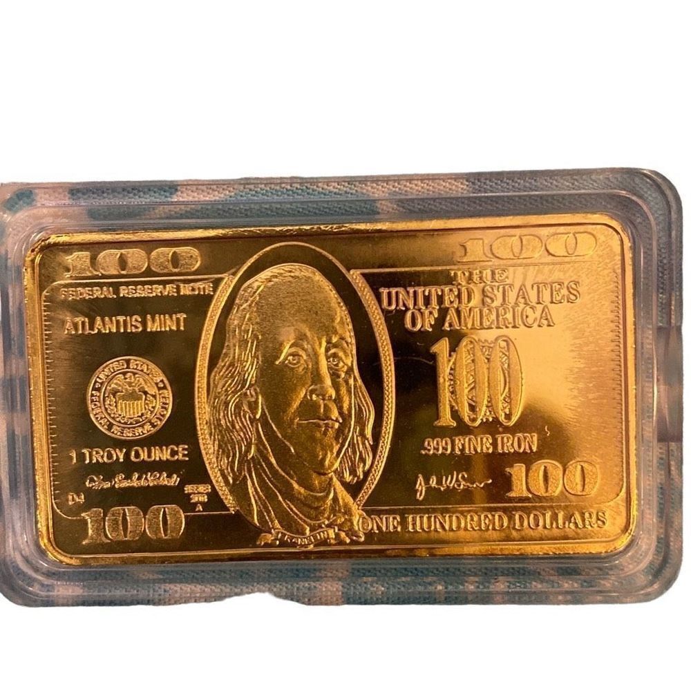 USA 999 Fine Iron One Troy Ounce Bullion Bar Gold Hundred Dollar Bill In Case